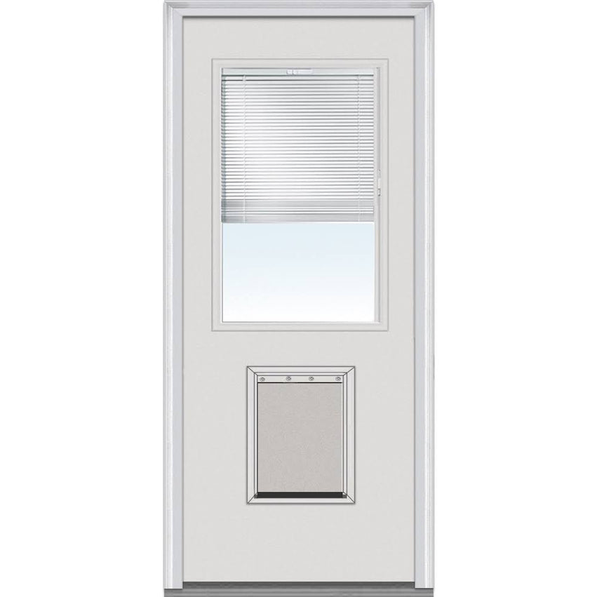 National Door Company Steel Exterior Door, Primed, 1/2 Lite with Clear Glass Internal Blinds & Pet Door, Right Hand Inswing, 32x80