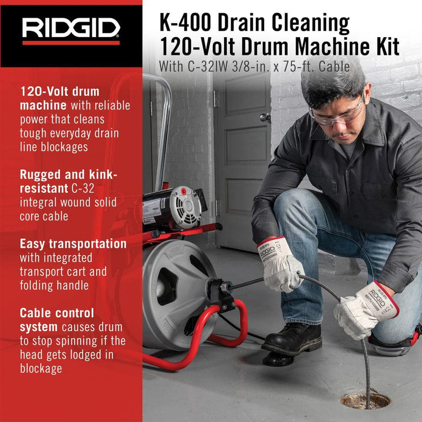 K-400 Drain Cleaning Snake Auger 120-Volt Drum Machine with C-32IW 3/8 in. x 75 ft. Cable + 4-Piece Tool Set & Gloves 52363