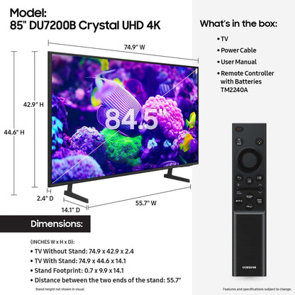 Samsung 85 Crystal UHD 4K Smart TV with PurColor & HDR DU7200B 2024 Model
