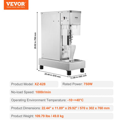 Vevor Ice Cream Blender 750W High Speed Mixer 1740 RPM 304 Stainless Steel New