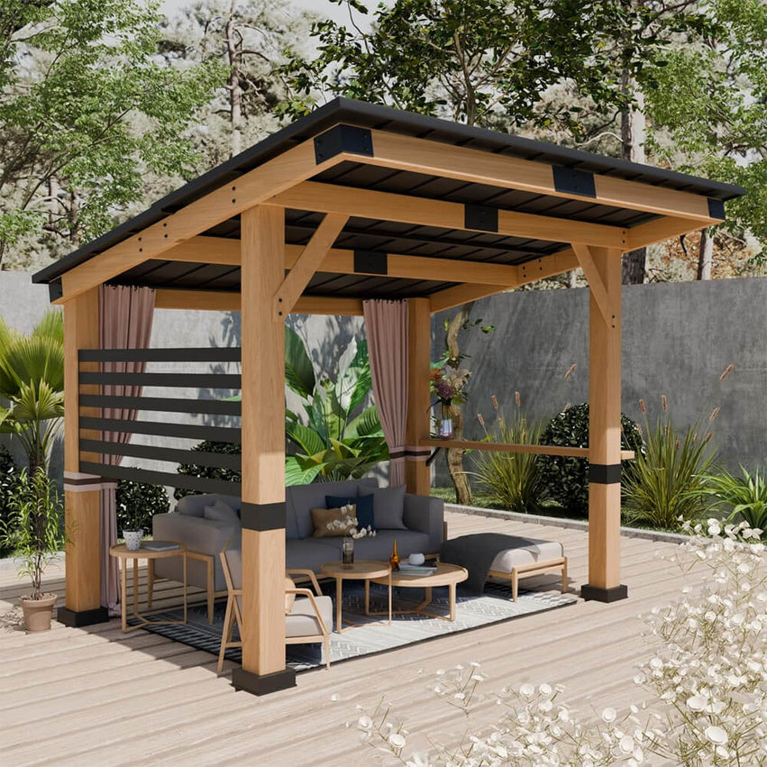 10x12FT Heavy Duty Premium Outdoor All-Season Wooden Cedar Hardtop Gazebo With Metal Roof & Back Curtains (SAK57184)