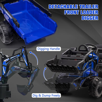 3-in-1 Ride-On Tractor, 24V Electric, Excavator & Bulldozer, Remote Control, LED, Music, USB/Bluetooth max 66 lbs – Bright-blue