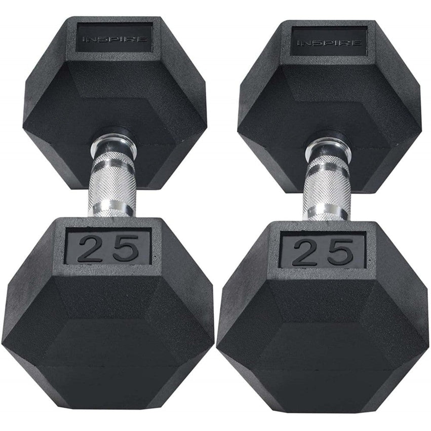 Inspire Fitness 210 lb. (5-30 lb.) Rubber Dumbbell Set with 6 pair Vertical Rack