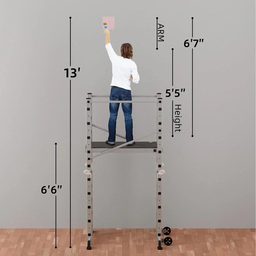 Foldable Scaffolding Ladder, Multipurpose Rolling Work Platform, Scaffold Tower, Ladder Stool Bench, Adjustable Platform, 330 Lbs Duty Rate