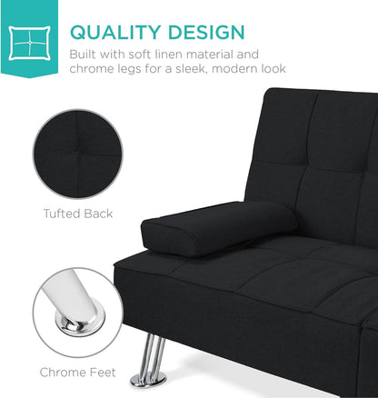 Best Choice Products Linen Upholstered Modern Convertible Folding Futon Sofa Bed for Compact Living Space, Apartment, Dorm, Bonus Room w/Removable Armrests, Metal Legs, 2 Cupholders - Gray